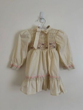 Vintage Polly Flinders Cream Smocked Puff Sleeve Girls Dress with Pink Trim